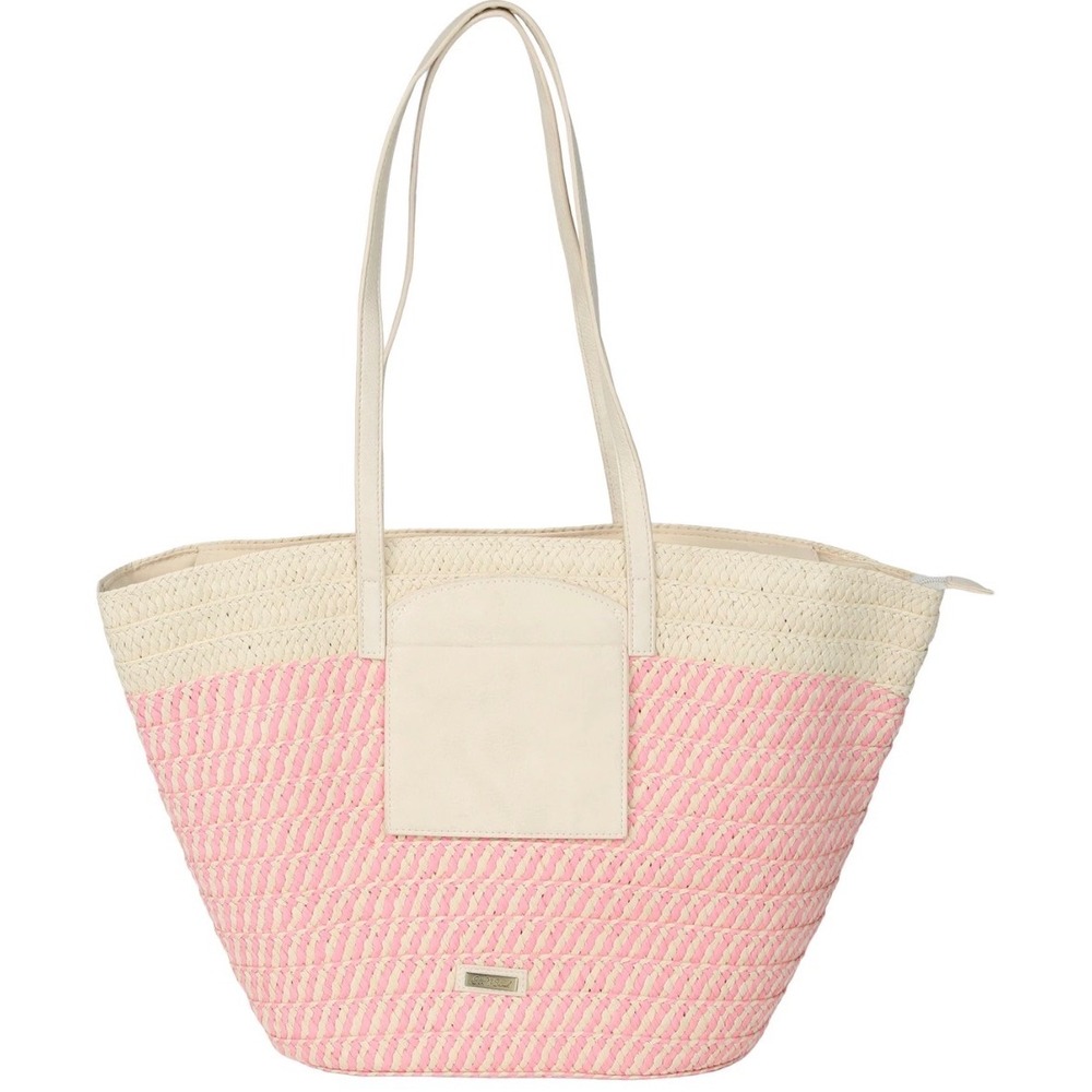 Sun N Sand Tote Bag Womens OS Pink Cream Like New Woven Straw Beach Shoulder Bag